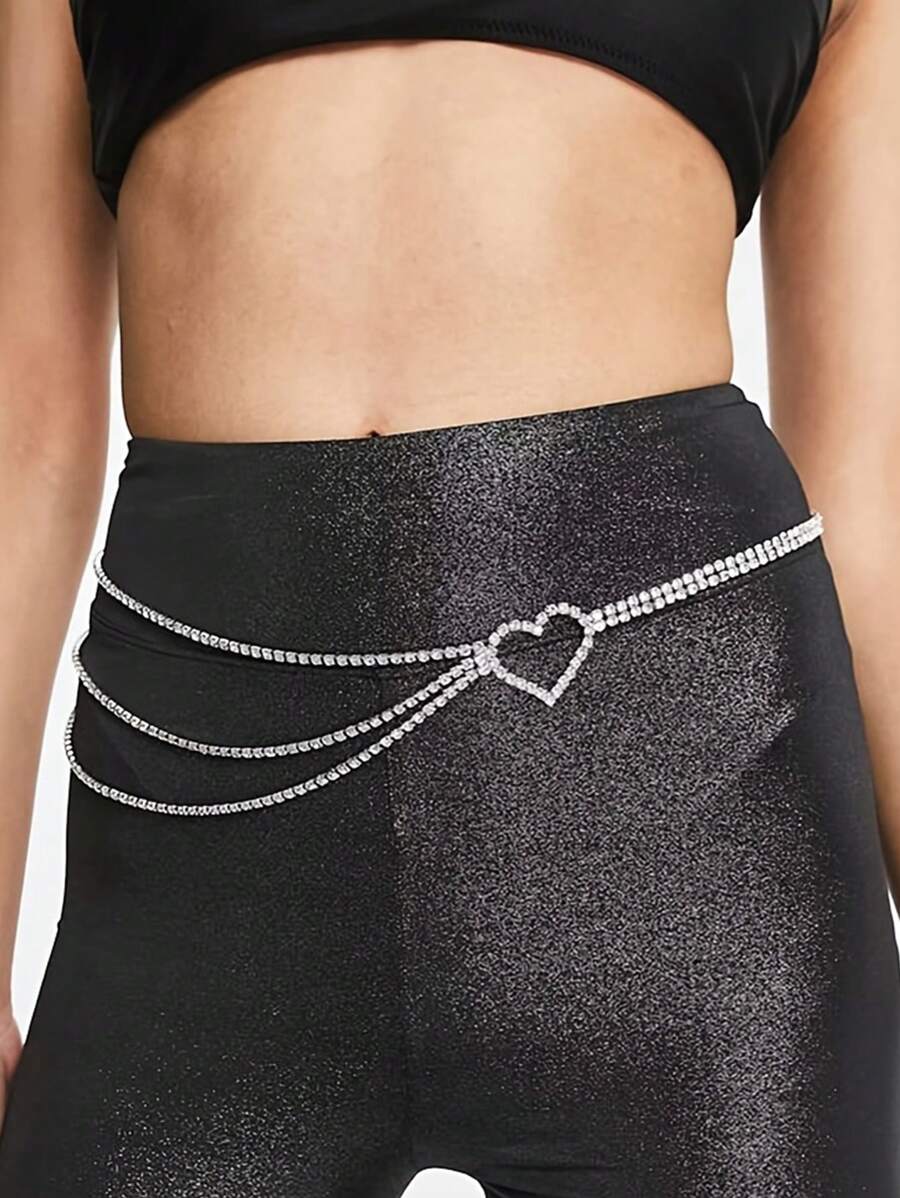 1pc Silver Multilayer Heart Shape Rhinestone Waist Chain, Sexy Fashionable Body Chain For Beach, Party Accessory