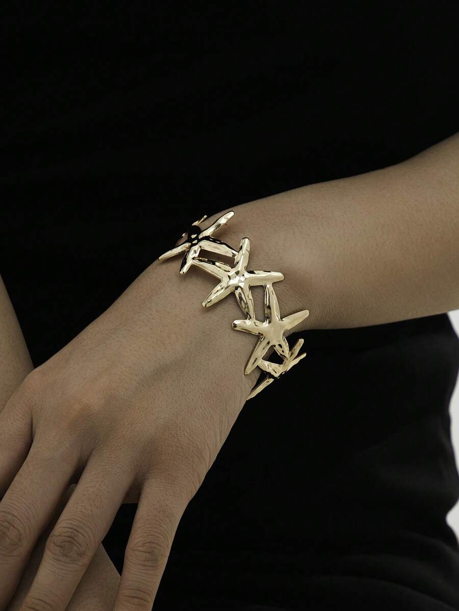 1pc Summer Holiday Beach Island Style Creative Golden Textured Starfish Bracelet For Women, Suitable For Travel / Vacation / Daily Wear