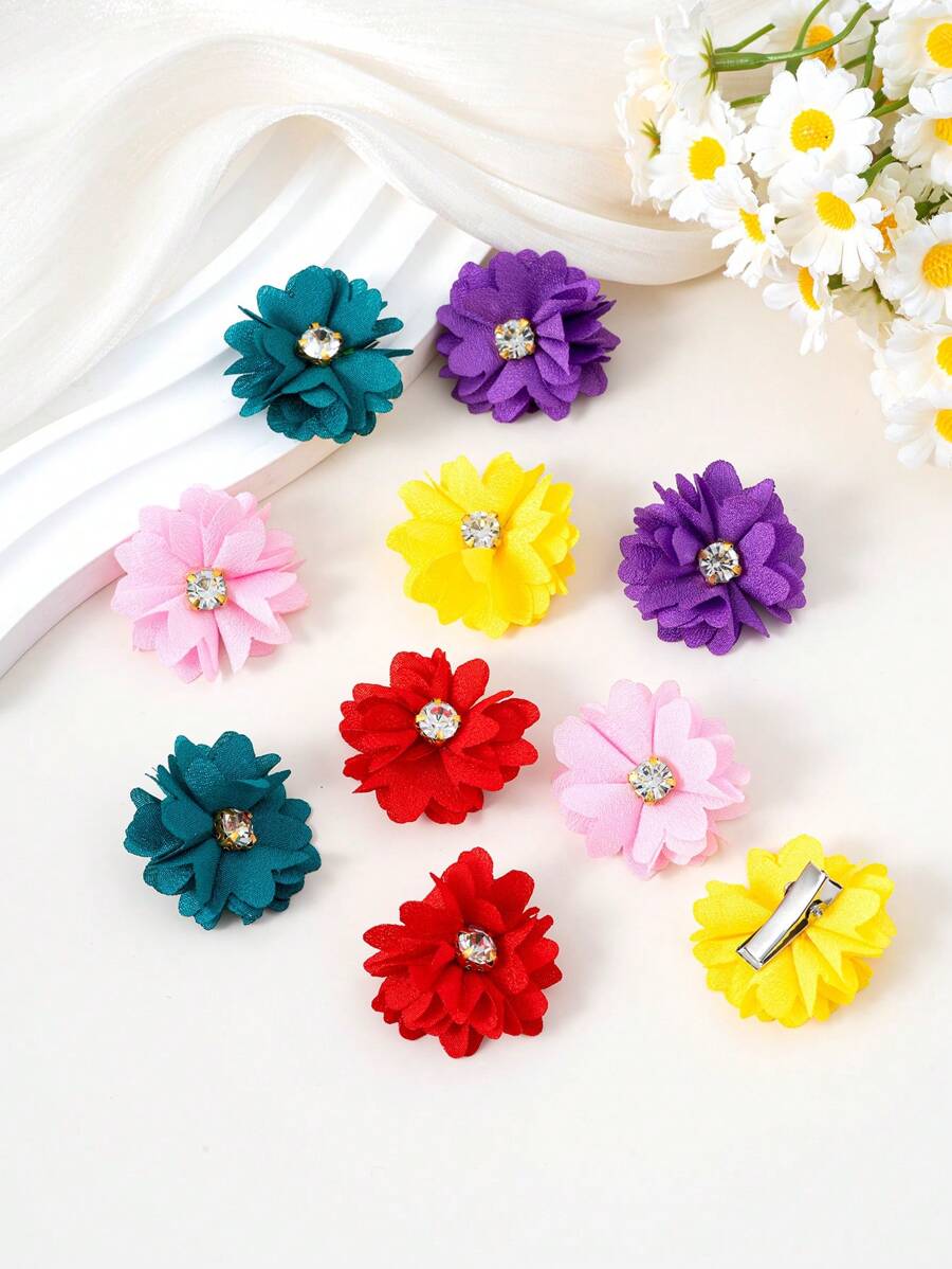 10pcs Girls Colorful Rhinestone Cute Flower Hair Clips, Barrettes, Hairpins For Everyday Use