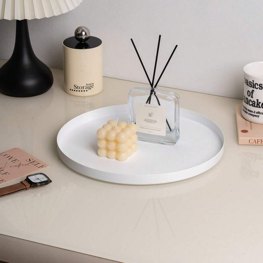1pc Metal Round Tray, Jewelry Tray, Flower Tray, Black And White Display Tray For Bedroom Cosmetics, Perfumes, Lipsticks, Aromatherapy, Bathroom Countertop, Living Room, Hotel Bathroom Artistic Decor Display Tray For Women Storage Organizer Travel Essentials Back To School Dormitory Storage