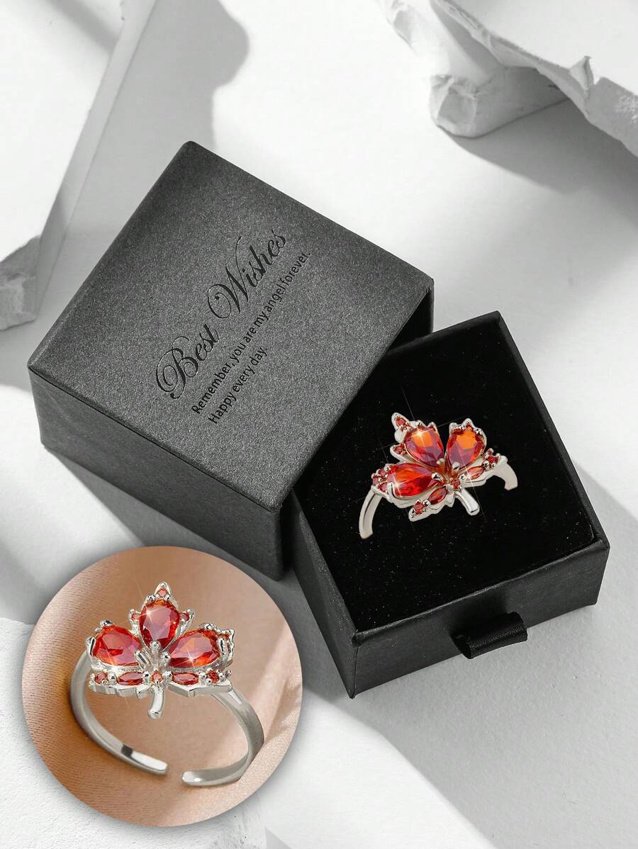 Gift Box Set Luxury Ruby Maple Leaf Shaped Open Band Ring, Sparkling Cubic Jewelry Suitable For Women, Engagement, Party, Festival Gift