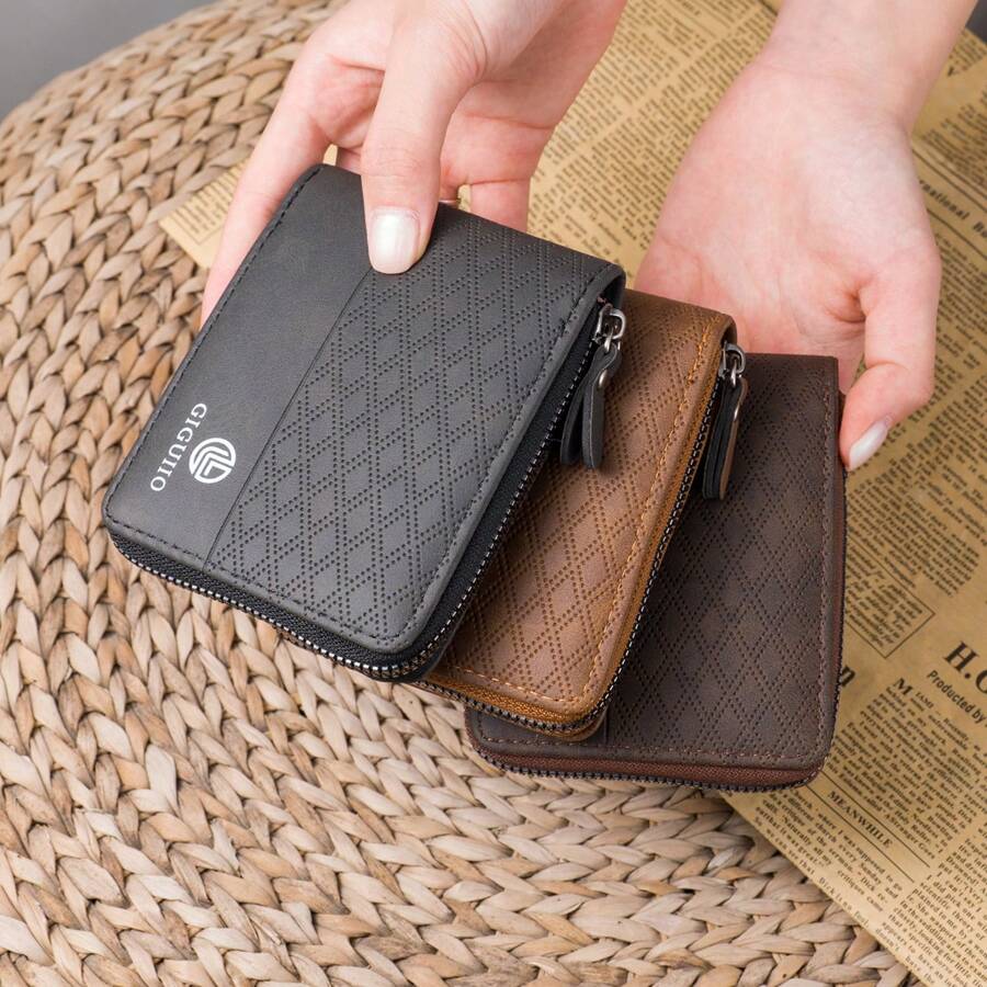 Men's Short Wallet, Fashion Plaid Embossed Soft Wallet, Horizontal Zipper Wallet, Coin Pouch, Large Capacity Multi-Card Slot, Can Hold Large Bills, Zipper Coin Pocket, Credit Card, Bank Card, ID, Photo Slot, Business Casual Style, Perfect Birthday Gift For Men Or Partner, Suitable For Fashion, Retro Style, Graduation Gift
