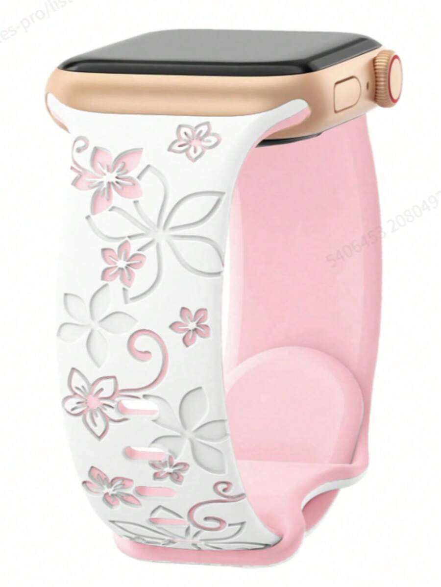 Correa de reloj con diseño floral tallado compatible con tamaños de 38mm, 40mm, 41mm, 42mm, 44mm, 45mm y 49mm. Correa de silicona suave con diseño floral encantador, compatible con relojes de la serie 10, SE, 9, 8, 7, 6, 5, 4, 3, 2 y 1 Ultra. Correa de reloj con elemento floral de moda.