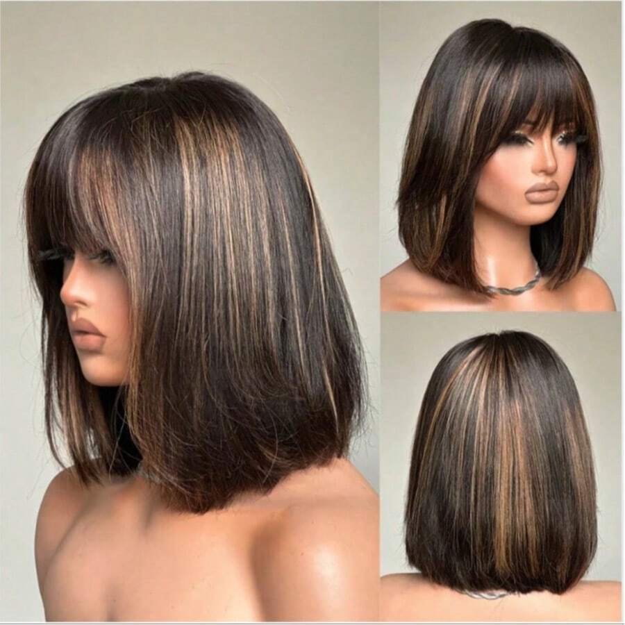1B/30 Highlight Ombre Short Bob Wig - 100% Brazilian Virgin Human Hair, Glueless 150% Density Straight Wig With Bangs, Machine-Made For Women (All Ethnicities), Special Occasion Wig Chic Bob Cut Natural Look Wig