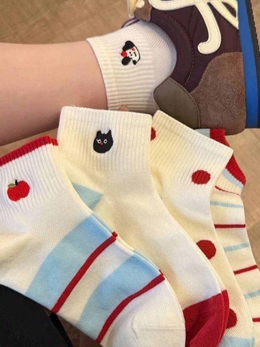 5 Pairs Of Thin Cute Socks Women Pile Socks Spring And Summer Mesh Cartoon Embroidery Japanese Women Socks