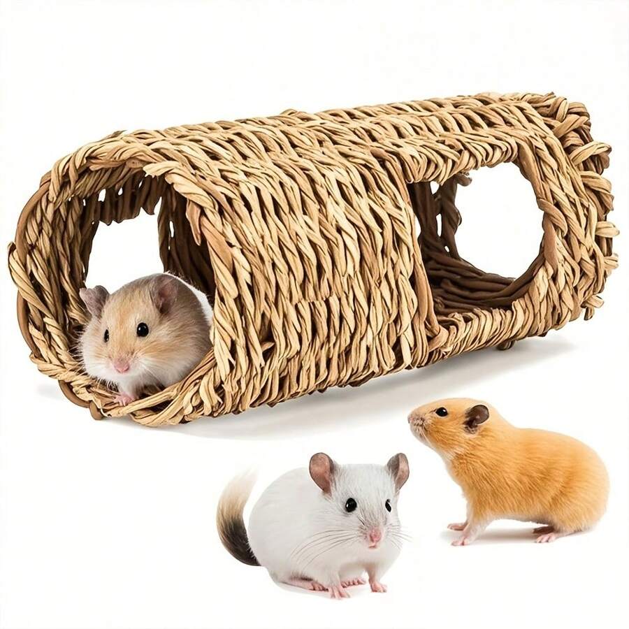 Casa de refugio para animales pequeños, túnel de escondrijo de hierba, juguetes para roer, centro de actividades, nido para hámsteres, conejillos de Indias, jerbo y chinchillas