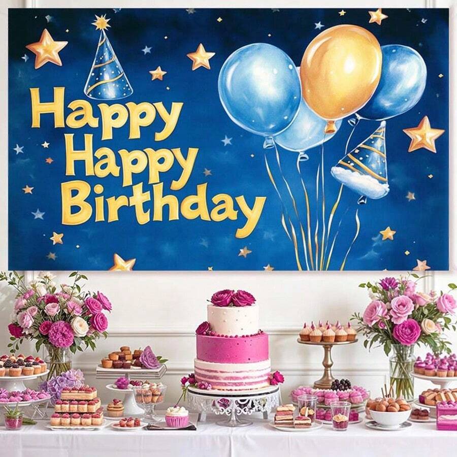 1 szt. Niebieski kapelusz urodzinowy z nadrukiem Happy Birthday Party, dekoracja tła na przyjęcie urodzinowe (wiele rozmiarów)