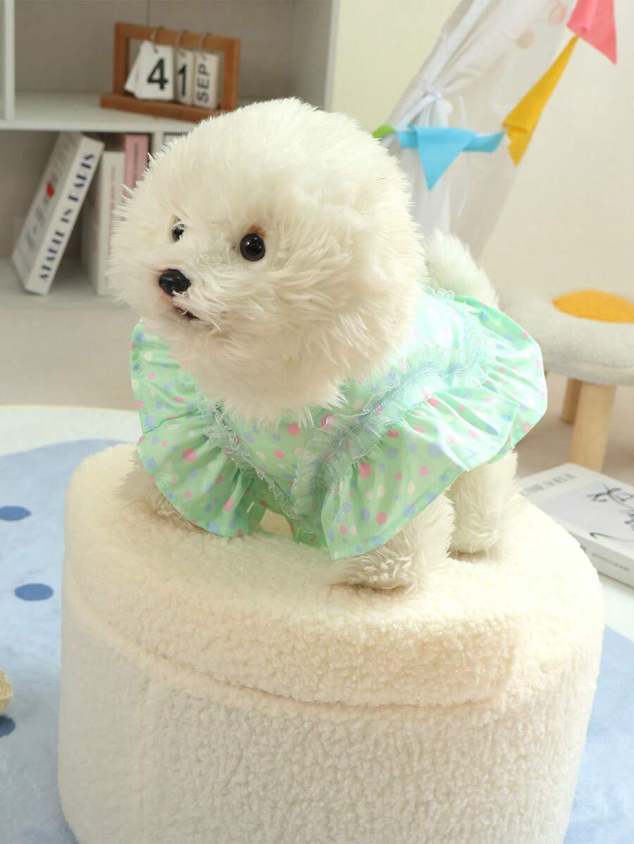 1 pieza Ropa para mascotas suave y linda, nueva y transpirable, Vestido de princesa con diseño fruncido y de lunares de dos tonos, arnés con anillo para correa para perros pequeños, liviano para primavera/verano