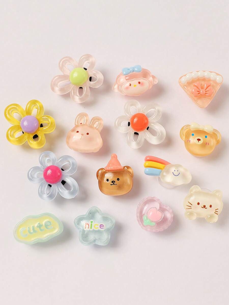 1 Set de 14 piezas de decoraciones de resina con diseños de gato, perro, flor y oso, aptas para zuecos, sandalias, con diseño desmontable