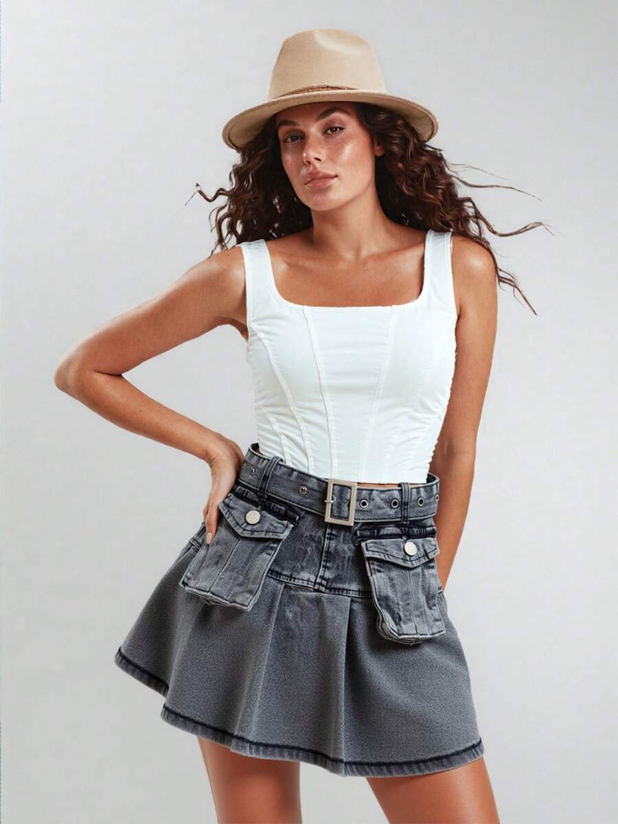 Women Pleated Denim Mini Skirt With Belted Waist And Utility Pockets – Edgy And Casual Wear-Black Mini Skirt