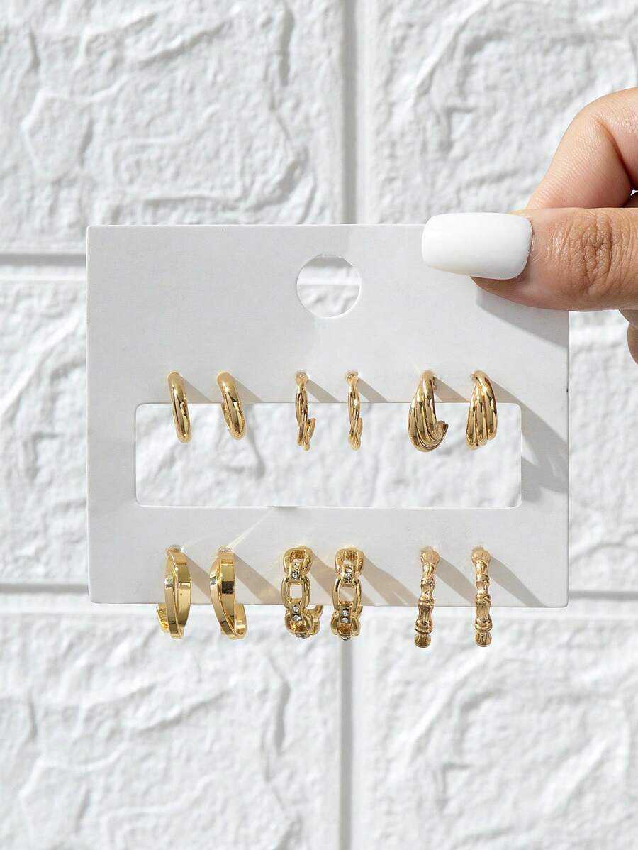 6er Set modische goldene Bambus Knotenimitation Kreuz Gekräuselt Gezackt Strass Geometrische Damen Ohrringe, vielseitig einsetzbar für Alltag, Party, Musikfestival