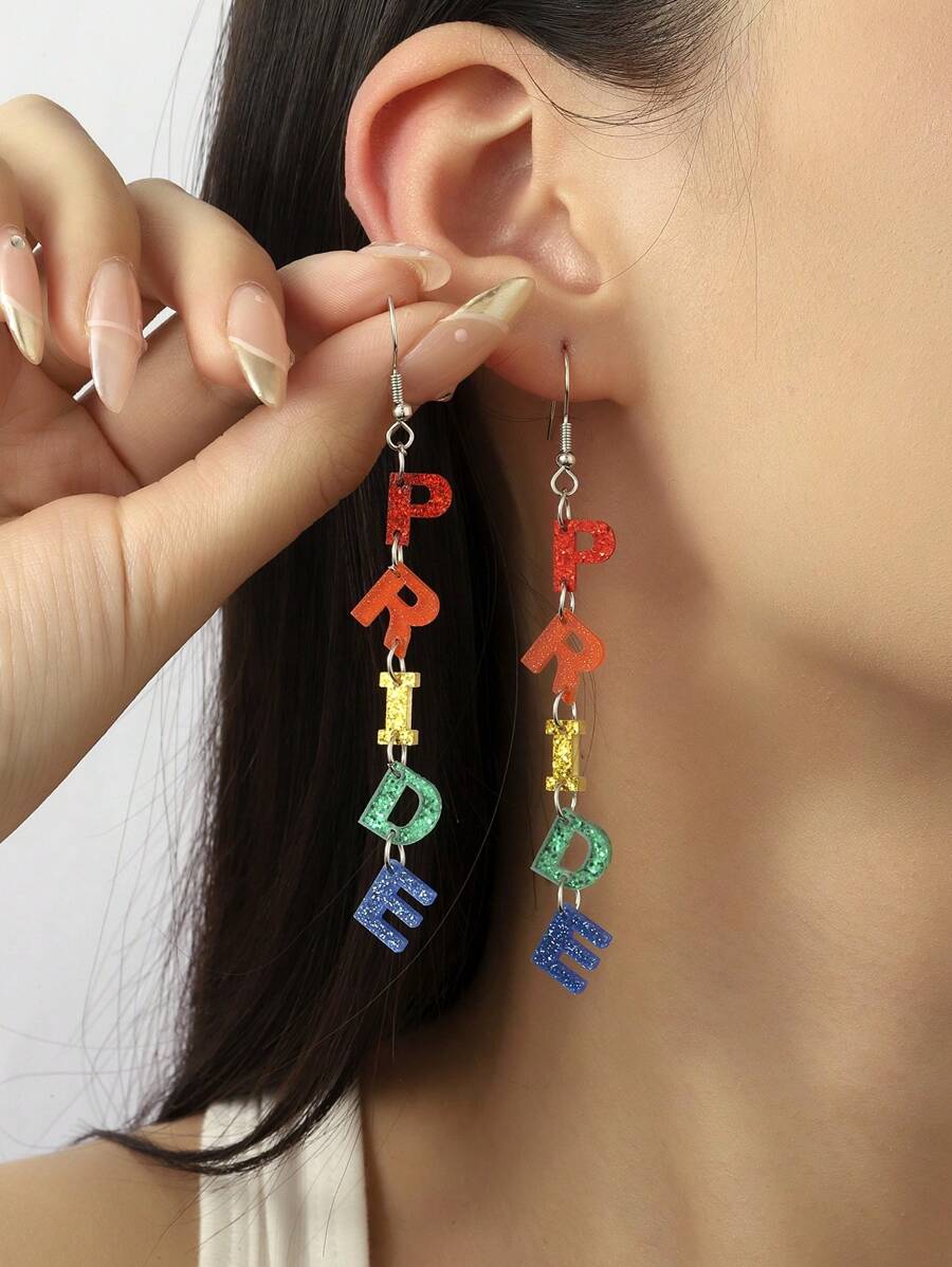 1 par de brincos de acrílico com letras do orgulho em cores arco-íris para mulheres e meninas, amantes LGBT, para festa do mês do orgulho, acessórios de joias