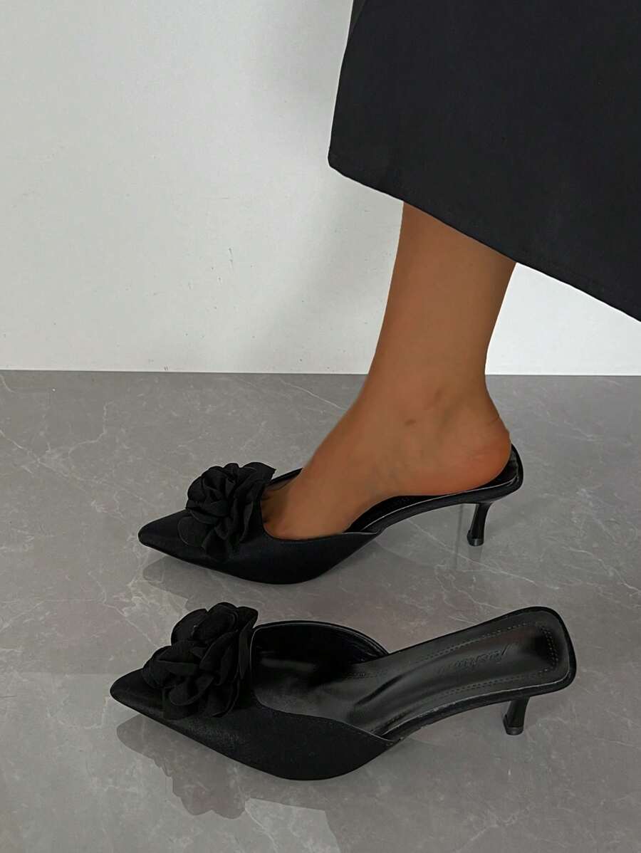 Women's New Pointed Toe Black High Heel Pumps, Floral Decor Elegant High Heel Shoes, Fashionable Mule Slip-On Comfortable Loafers