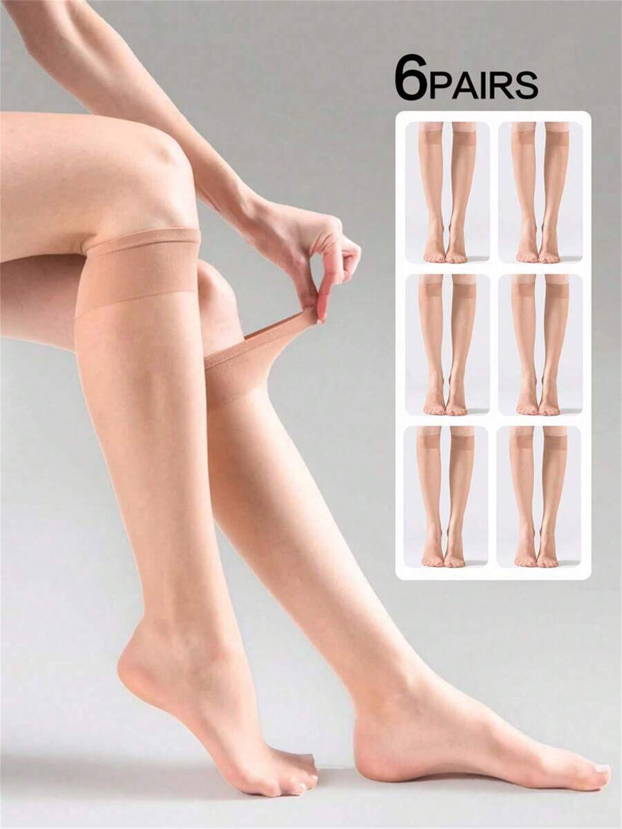 6 paires de bas mi-cuisse transparents pour femmes, légers et respirants, de couleur unie, polyvalents