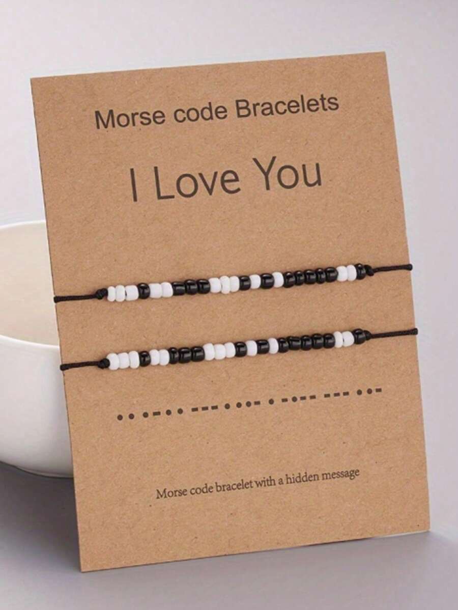 2pcs/Set Regular Black & White Beads I Love You Morse Code Braided Bracelet Set Couple Matching Adjustable Bracelets For Women Men Boyfriend, Girlfriend,BBF,Birthday And Valentine's Day Graduation Decoration Friendship Gifts