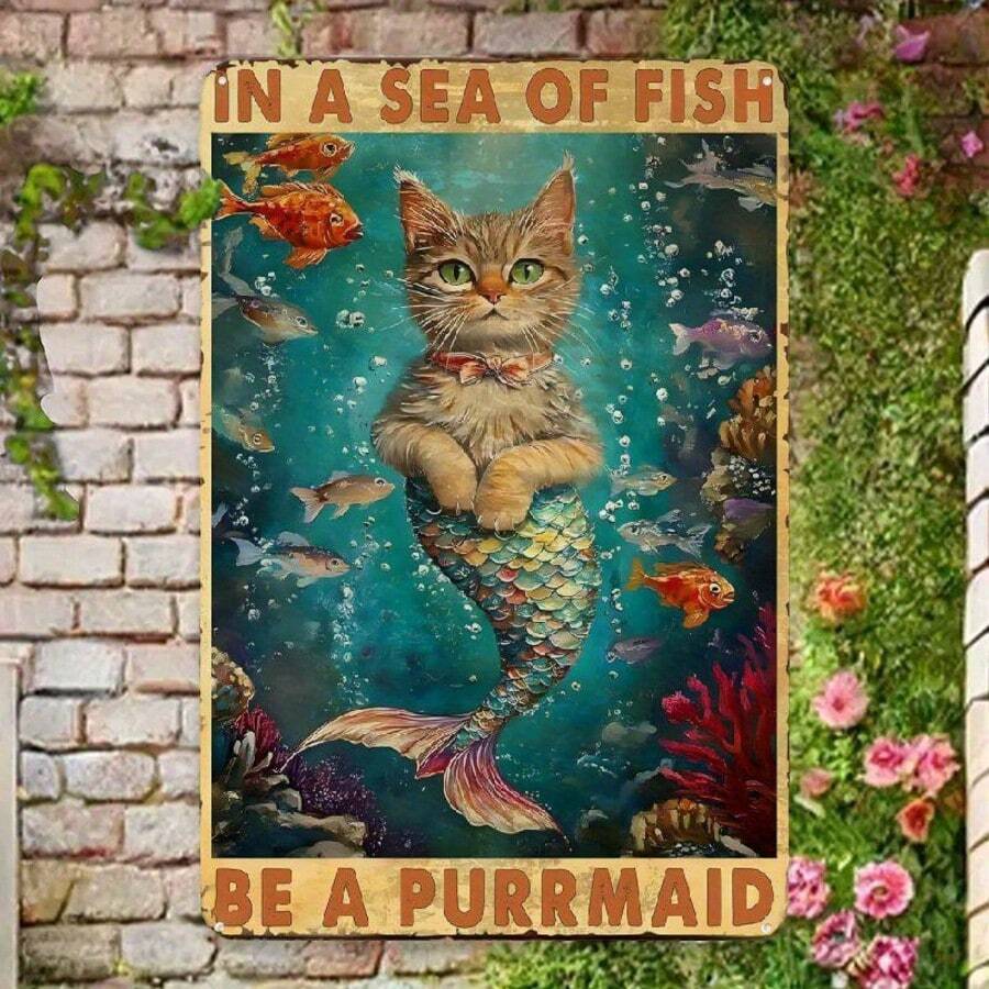 Puin Sign | 'Be A Rrmaid' WVintage Mermaid Cat Metal Thimsical Wall Art | 12x8" High-Quality Tinplate | Multi-Color Underwater Scene With Vibrant Fish & Coral Design | Durable, Easy-To-Hang Decor For Home, Bar, Garden, Office | Ideal Gift For Cat Lovers, Mermaid Decor