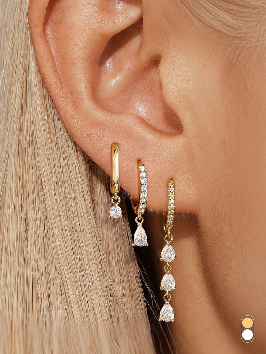 1/3 peças Brincos de Botão e Argola Huugie com Zircônia Cúbica Banhados a Ouro 18K, Brincos Empilháveis Antialérgicos, Conjunto de Brincos Fofos Para Presente de Mulheres e Meninas