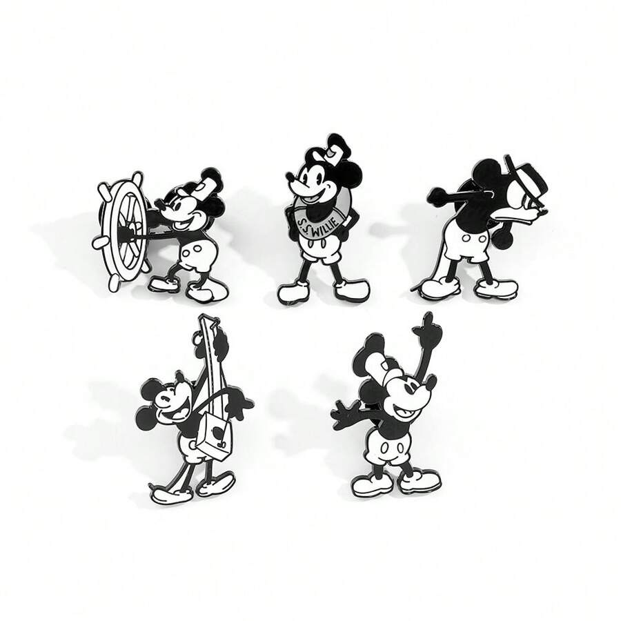 5 Peças Conjunto de Broches de Animal Cartoon Disney, Preto e Branco Capitão Mickey Mouse, Alfinete de Esmalte, Acessórios para Mochila, Roupas, Joias, Placas Metálicas, Presentes