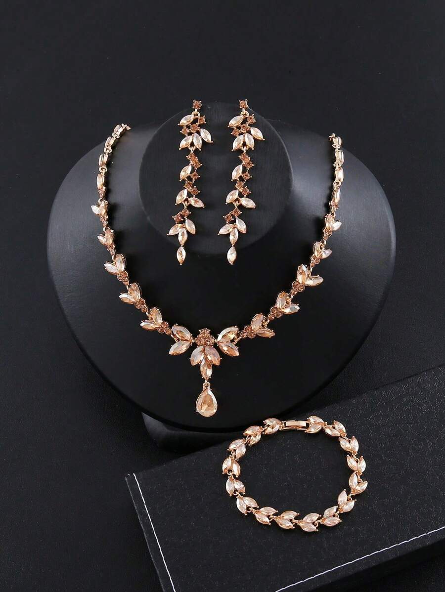 4 pezzi set di gioielli champagne in cristallo di lusso, collana, orecchini, bracciale, accessori per spose e matrimoni, adatti per banchetti, feste e altre occasioni