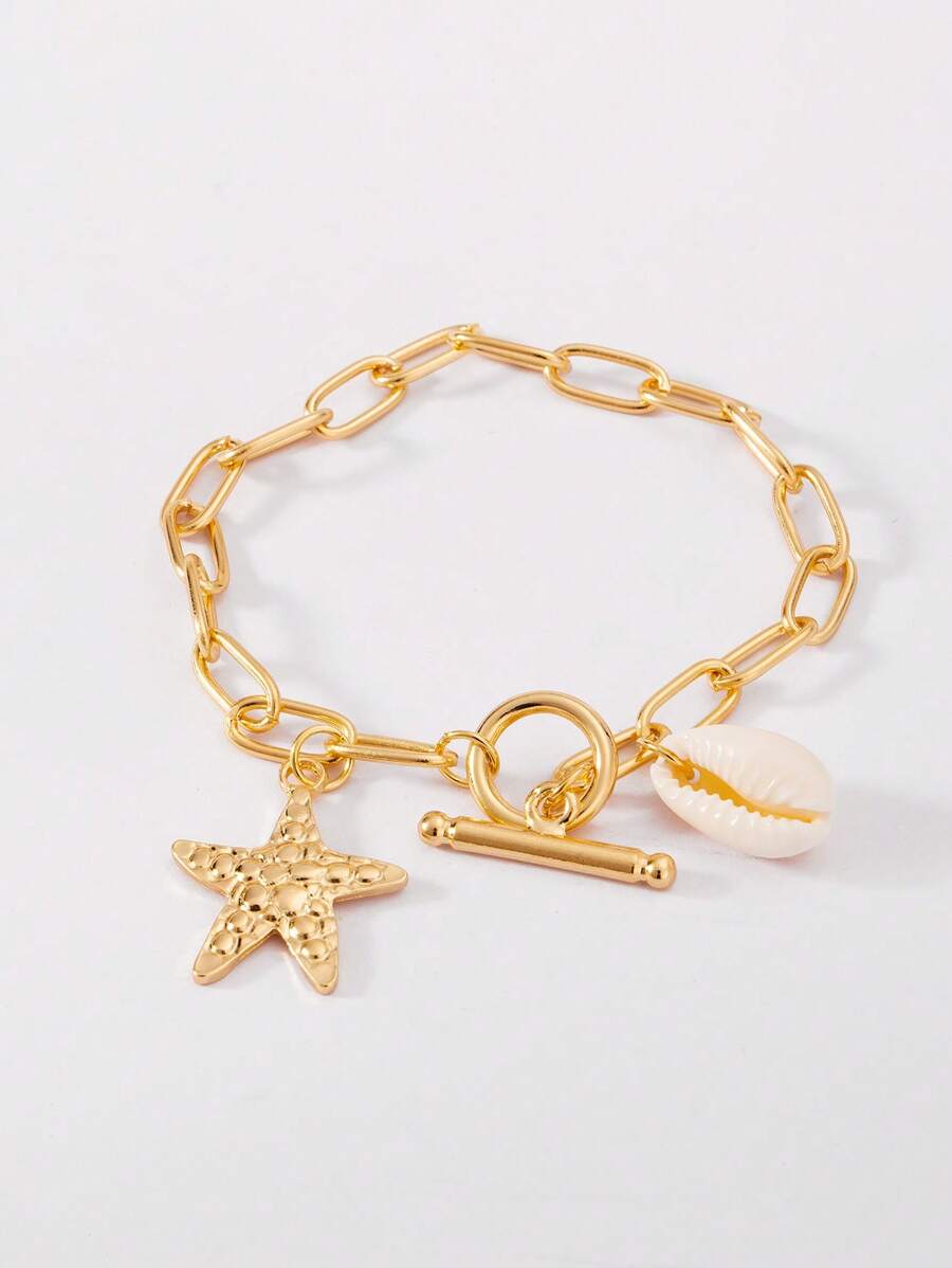 1pc Ocean Series Starfish & Seashell Decor Adjustable Chain Bracelet For Women, Summer Accessory