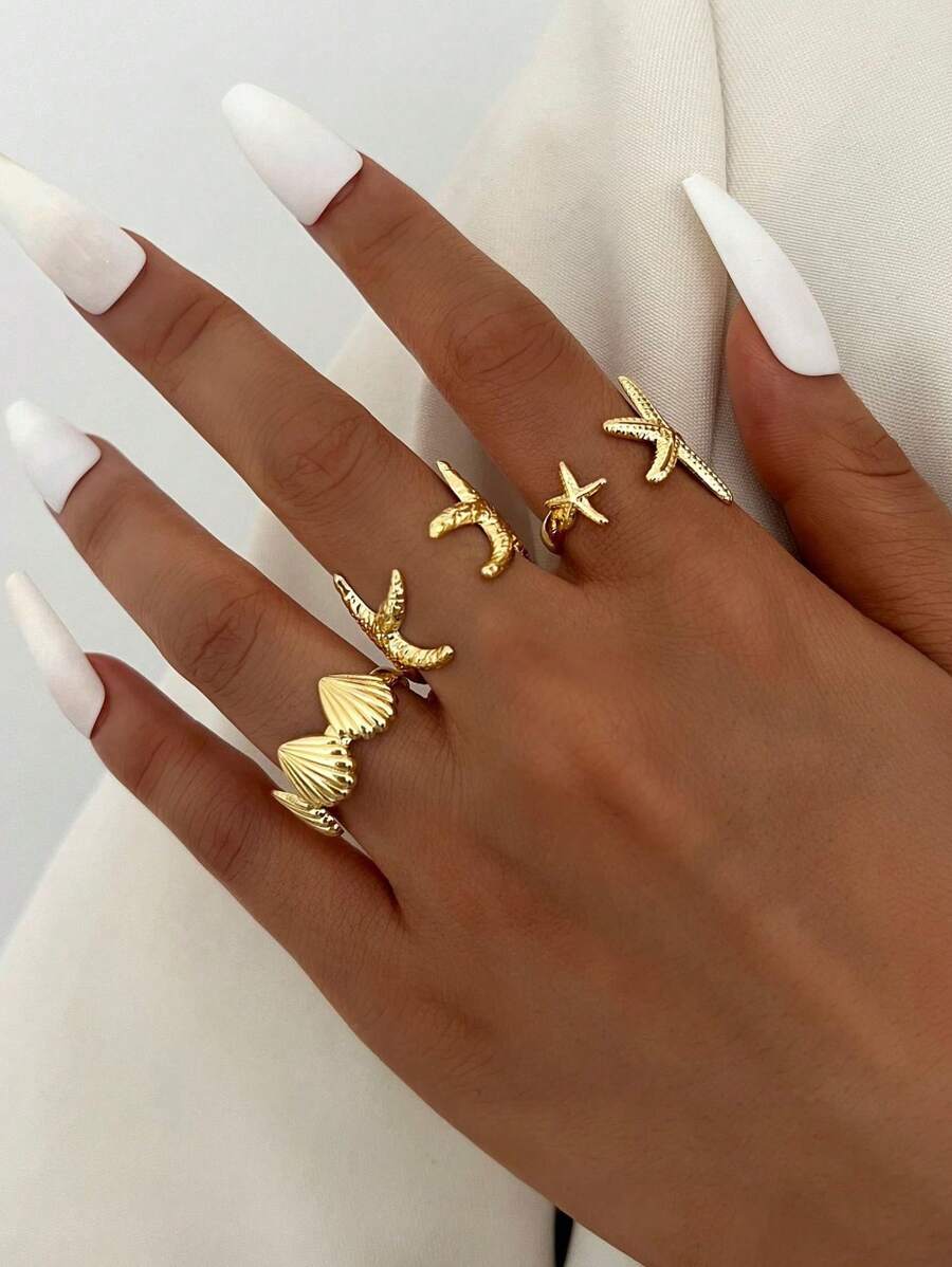 Set de 3 anillos abiertos de estilo vacacional con estrella de mar y conchas, inspirados en el océano y la playa, para fiesta y regalo