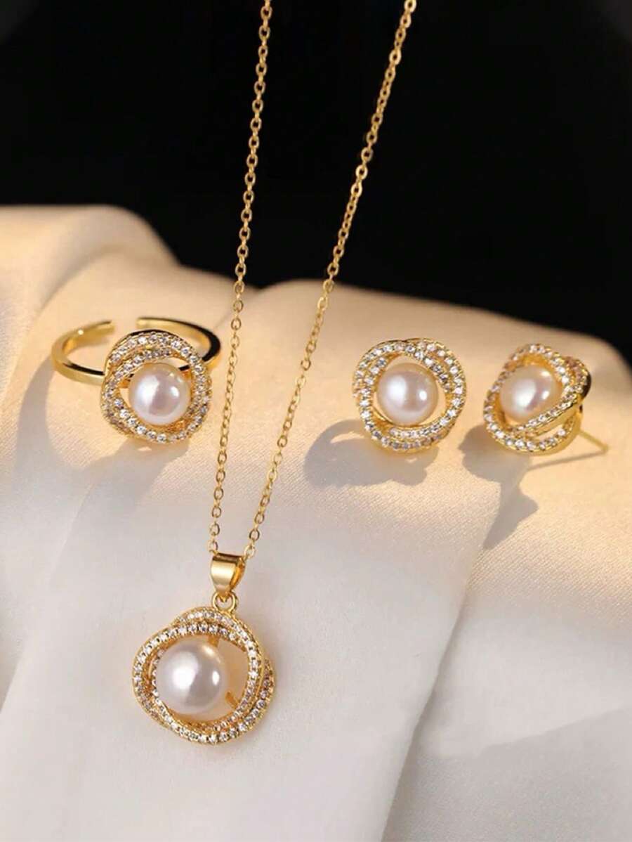 4pcs Set & Elegant Simple Style Crystal & Faux Pearl Wrap Pendant, Earrings, Ring, Necklace Set, Suitable For Girls Party & Event