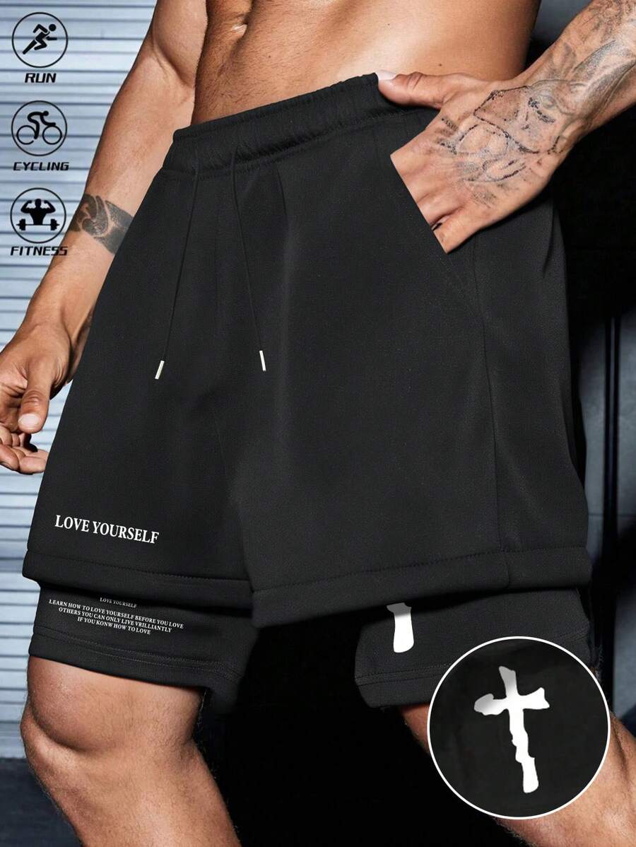 Men's Summer 2 In 1 Straight Sports Shorts, Black Street Graphic Print Breathable Knee-Length Pants