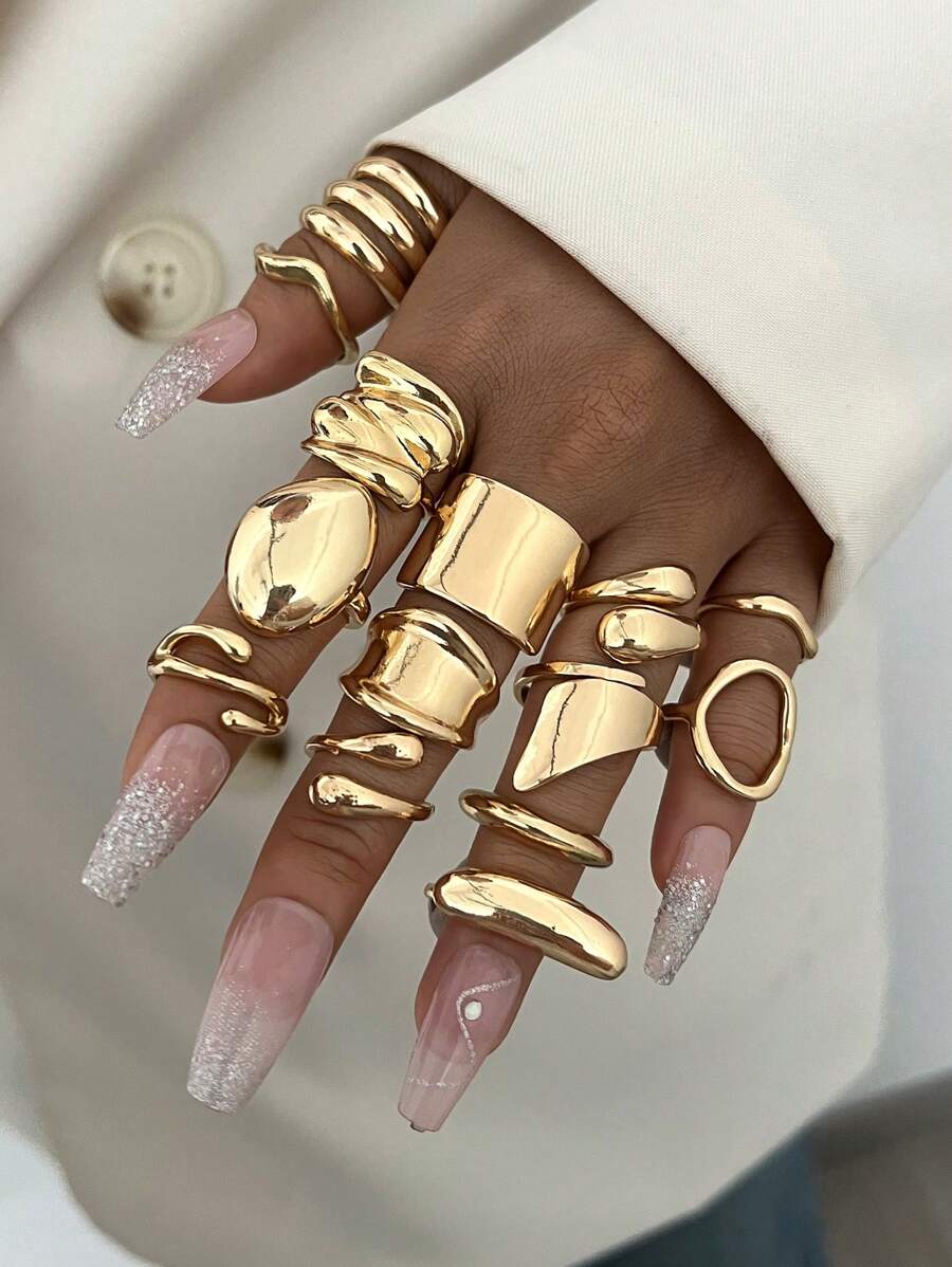 Set de 14/3 piezas de anillos elegantes y retro con textura asimétrica, efecto geométrico y líquido, de banda gruesa y diseño minimalista de metal, adecuados para fiestas, vacaciones, citas, regalos y uso diario