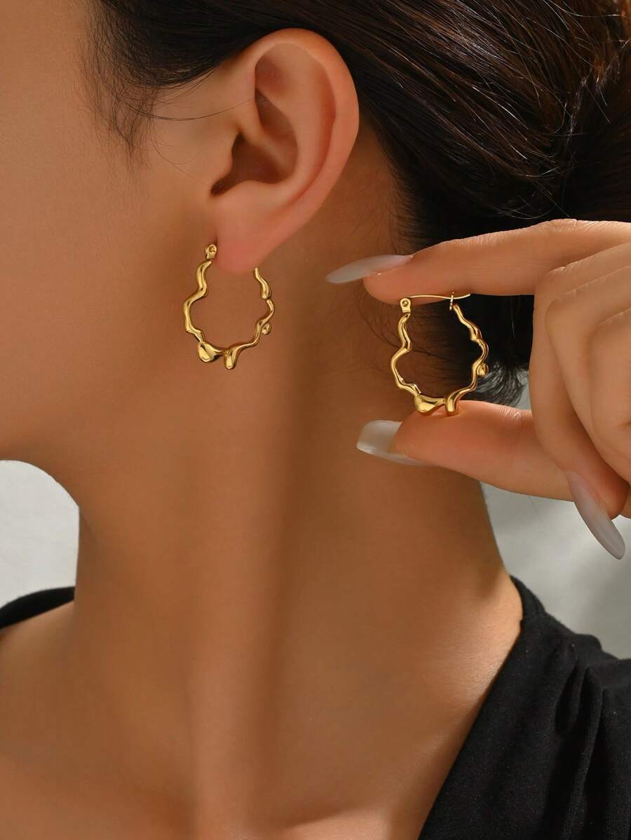 1 Pair Stainless Steel Unique Twist Design Hoop Earrings, Fashionable For All Occasions