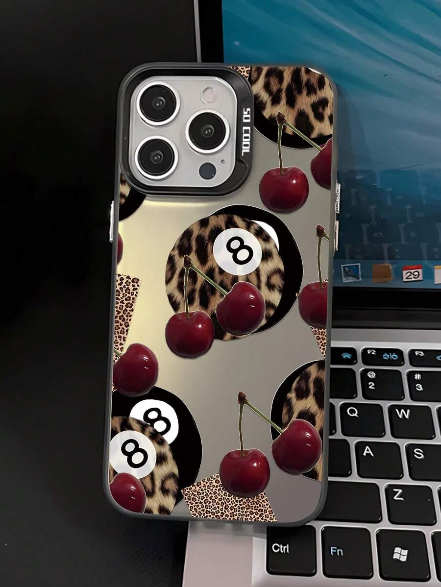 1pc Fashionable Leopard Print, Cherry Graphic, Aesthetic Design, Anti-Fall, Anti-Slip Black Mobile Phone Case Compatible With IPhone 16 Pro Max/16/16 Pro/16 Plus/15/15 Pro Max/15 Pro/11/12/13/14 Pro Max/11 Pro/11 Pro Max/12 Pro/12 Pro Max/13 Pro/13 Pro Max/14 Pro/14 Pro Max, High-End Creative