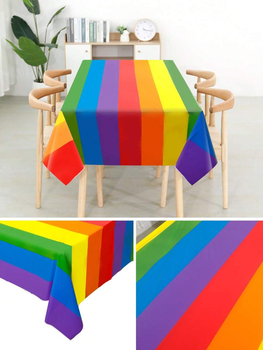 1pc/2pcs Rainbow Pattern Disposable Square Plastic Tablecloth, Waterproof & Oilproof, Suitable For Events, Gatherings, Parties