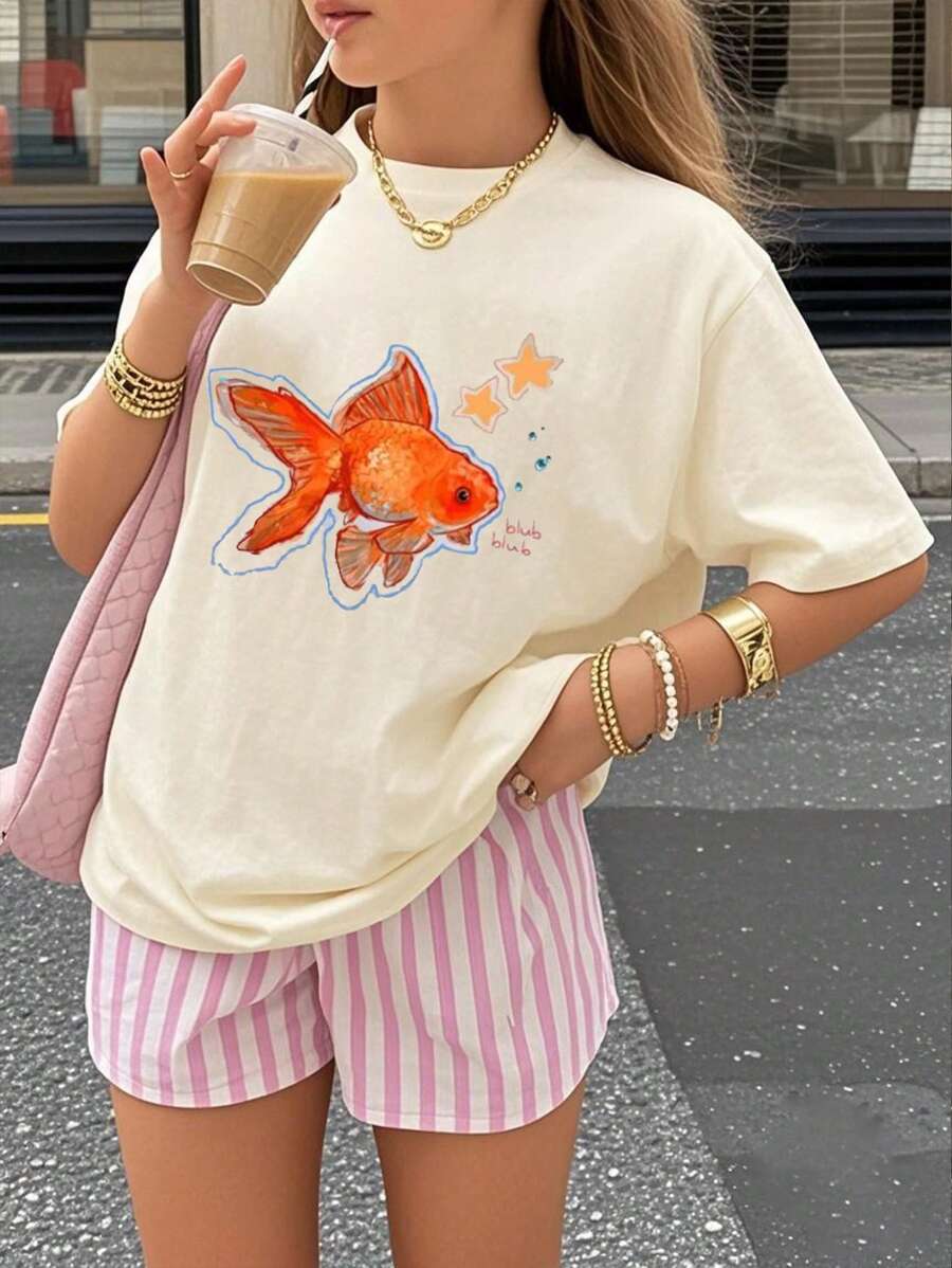 Tween Girls' Graphic Print Short Sleeve T-Shirt, Student/Young Teen Summer Top For Playtime