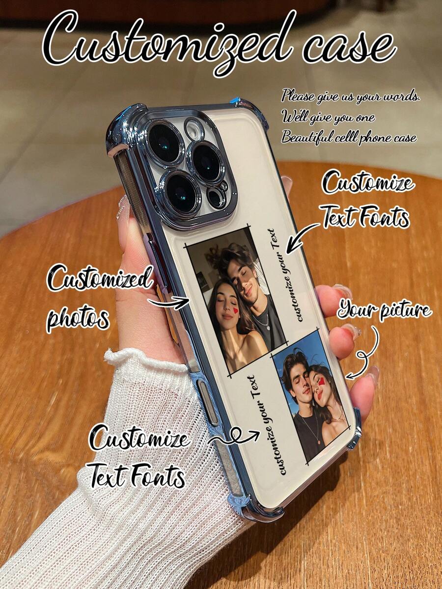 1pc Customized Personalized Dual Image Couple Electroplated Shockproof Ultramarine Blue HD DIY Design Silicone Lens Protection Phone Case Compatible With IPhone 16 Pro Max/16 Pro/15 Pro Max/14 Pro Max/13 Pro Max/Infinix/Smart5/Smart7/Redmi/OPPO A95/A18/A58/A74/A76/A95/F19, MotoG84/G54/G52, Galaxy A24/S24u/S23u/S22u/A14/A15/A54/A55, /Redmi/OPPO, Funny Customized, For Daily Use Or Gift To Boyfriend (Girlfriend)