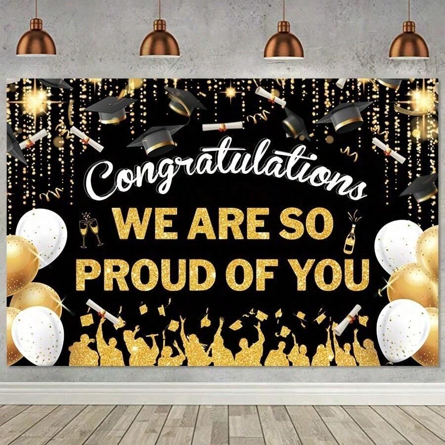 TYFYO 1pc Graduation Photography Background, Black Graduation Cap And Golden Balloon Graduation Congrats Party Banner Background