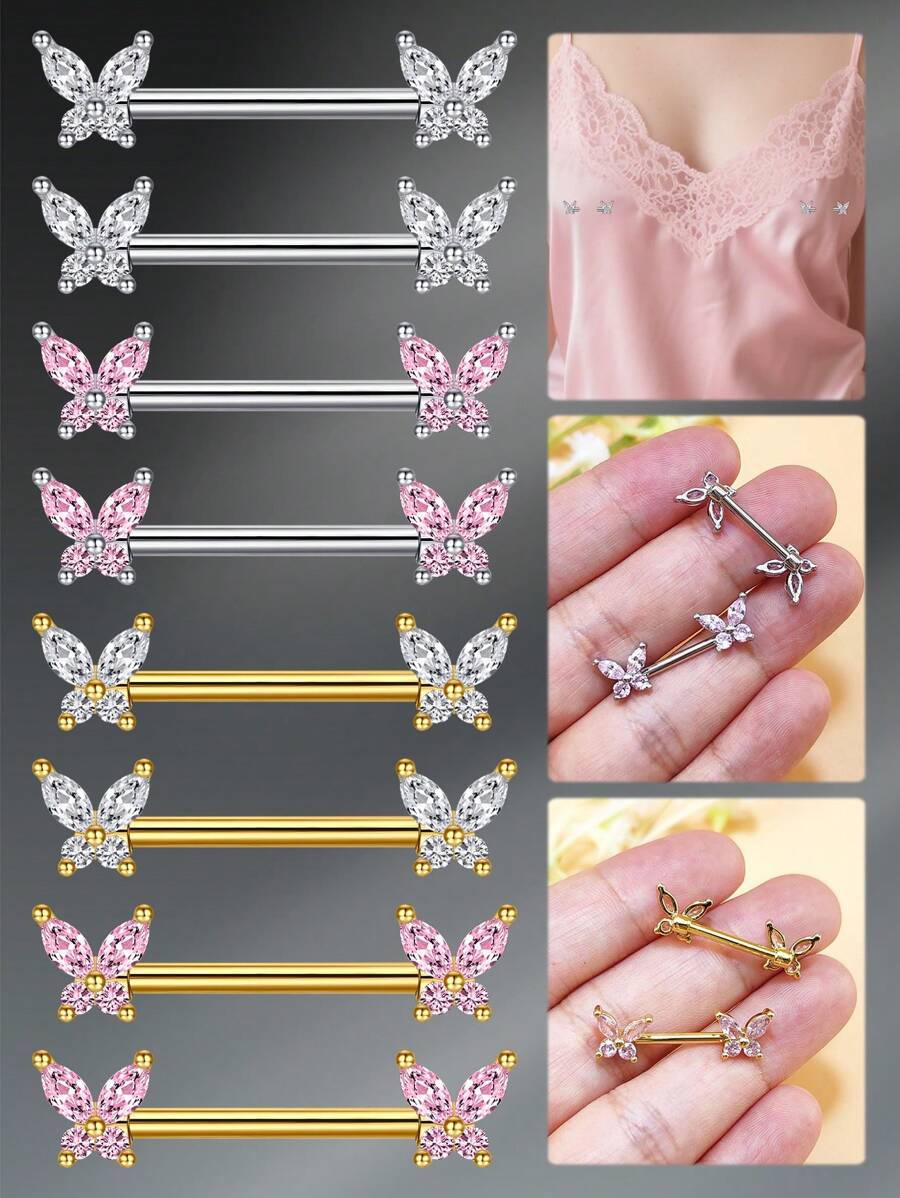 CIZME 1 Set 2pcs Nipple Rings Nipple Piercing Jewelry Nipple Rings Straight Barbells, Stainless Steel Silver Gold Butterfly Body Piercing Jewelry Nipple Piercing Barbell For Women With White Pink CZ Nipple Barbell