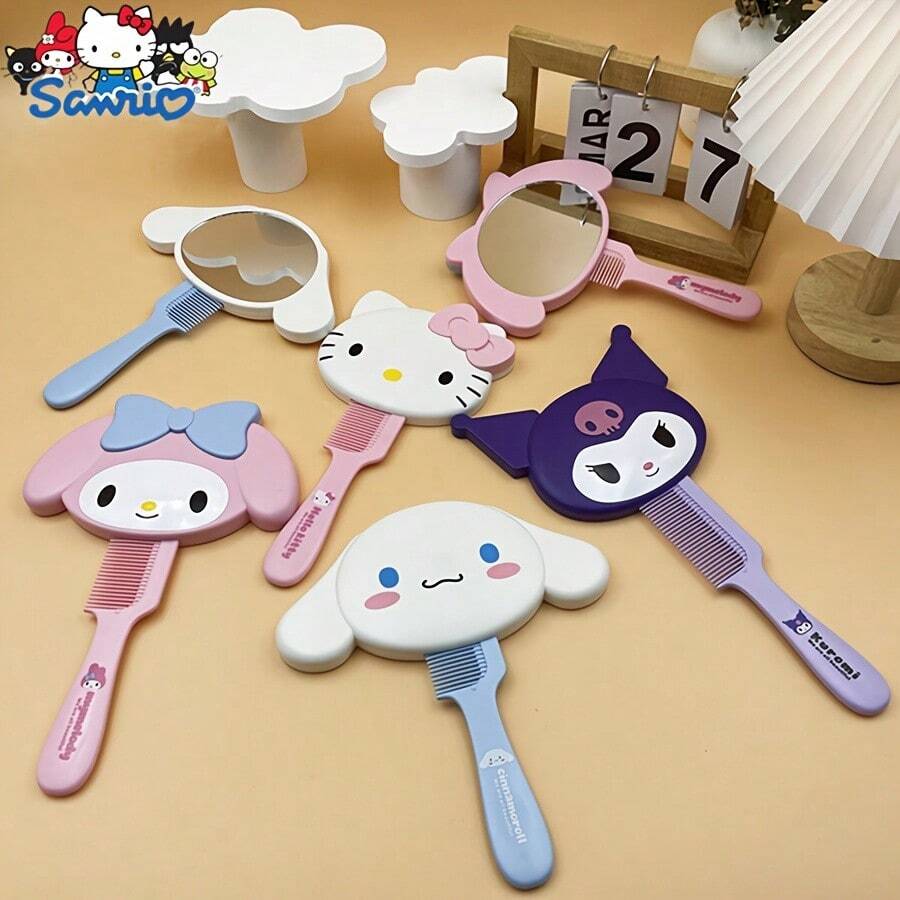 Sanrio 1 Stück süßes Mädchen Design Make-up Spiegel - 2-in-1 tragbarer Kamm und Spiegel, süßer Cartoon-Stil geeignet für alle Haartypen, ideal für Reisen und täglichen Gebrauch, perfektes Geschenk für Freundin und Mama