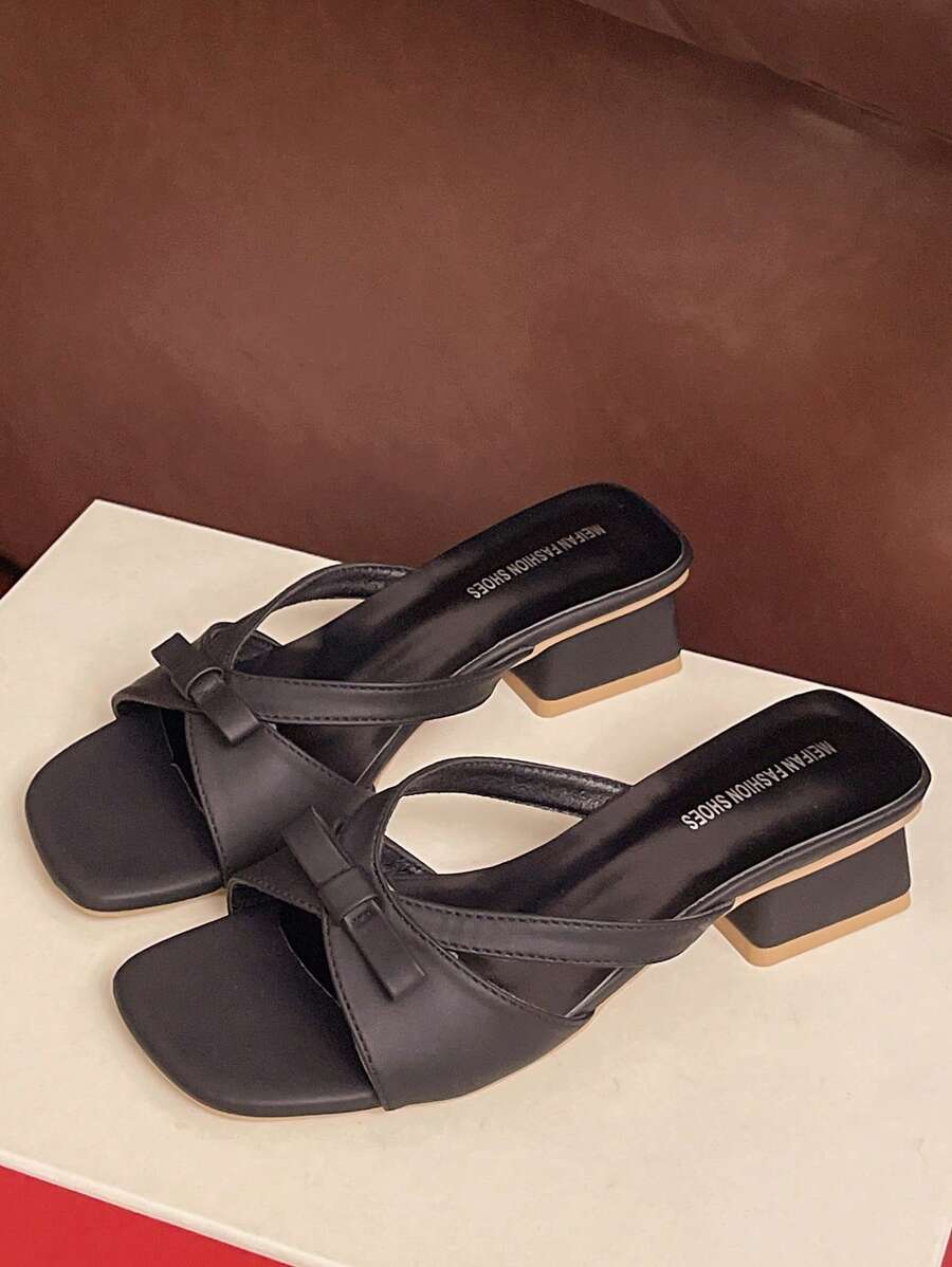 Women's Mid Heel Elegant Sandals, Bowknot Chunky Heel Slide Sandals, Ladies Slip On Slippers