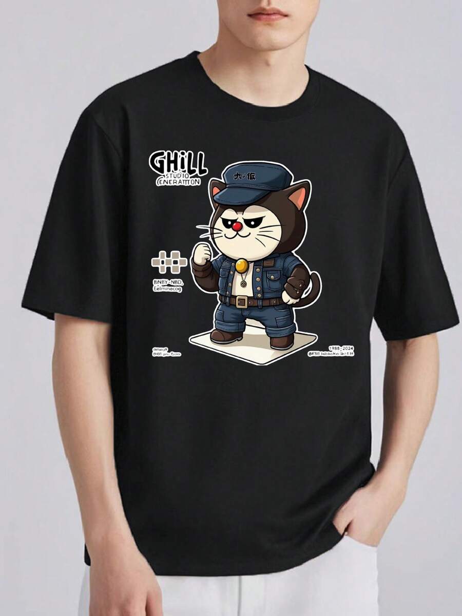 Men's 100% Cotton Graphic T-Shirt - Casual Crew Neck, Short Sleeve, Summer Printed Tee, Cartoon Police Design, Lightweight And Comfortable For Casual Outfits