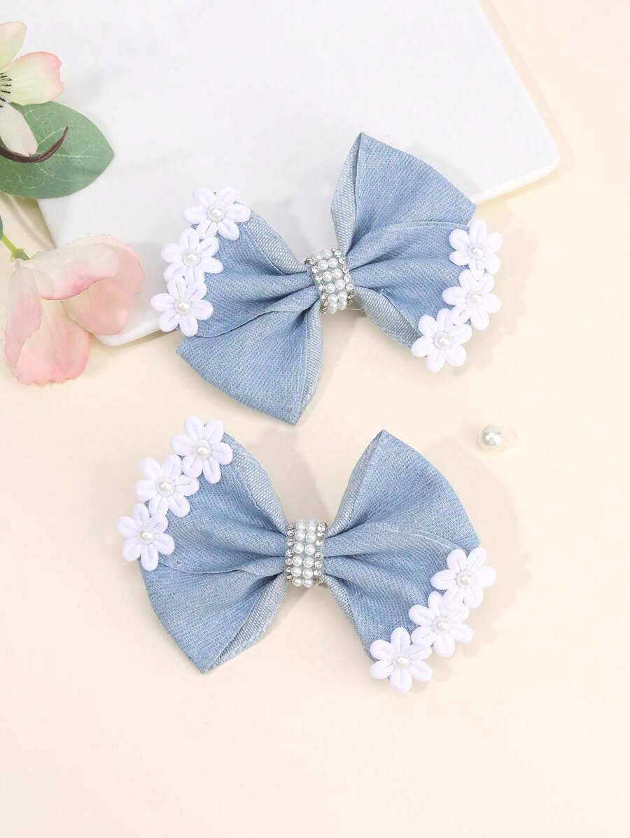2pcs Denim Hair Bows For Women Girls Solid Color Denim Bow Alligator Clips With Pearl Flower Elegant Vacation Bow Hair Clips Casual Bow Barrettes Women Hair Accessories ,Flat Claw Clip