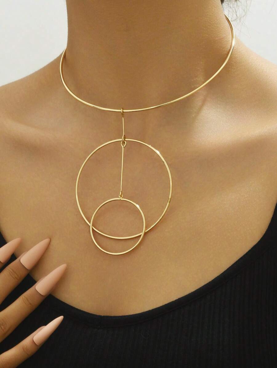 1 pieza Nuevo collar circular asimétrico casual y distintivo de alambre geométrico minimalista y de varias capas