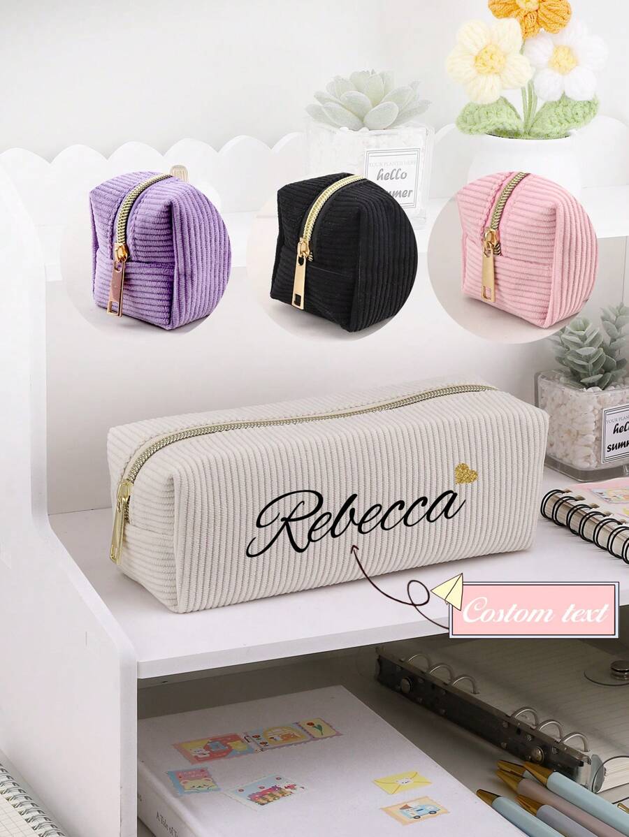 1 PIEZA Estuche para lápices de pana con transferencia térmica personalizada, estuche de almacenamiento de papelería con cremallera, accesorios de escritorio para el almacenamiento de aprendizaje, esenciales de regreso a la escuela (estuche de maquillaje) para estudiantes de secundaria, preparatoria, universidad y principiantes.