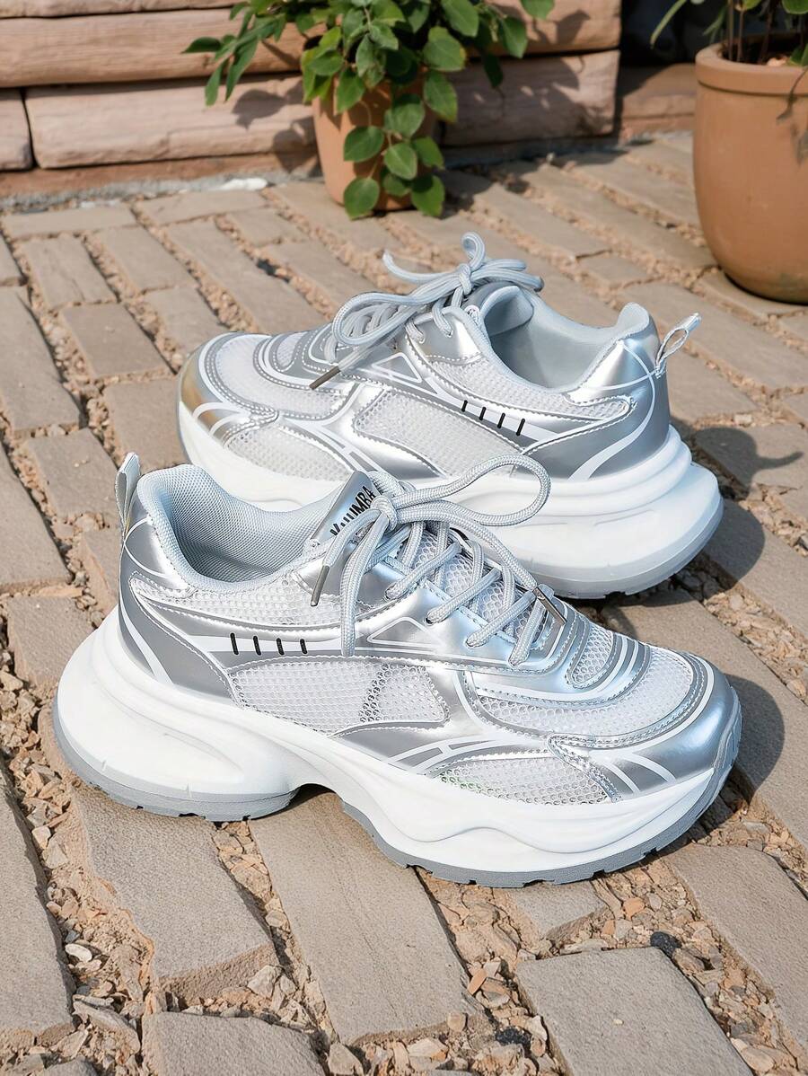 2025 Novo Tênis Chunky Prateado, Sapato Casual de Sola Grossa e Plataforma, Mesh Respirável, Estilo de Rua da Moda, 2 Cores Disponíveis