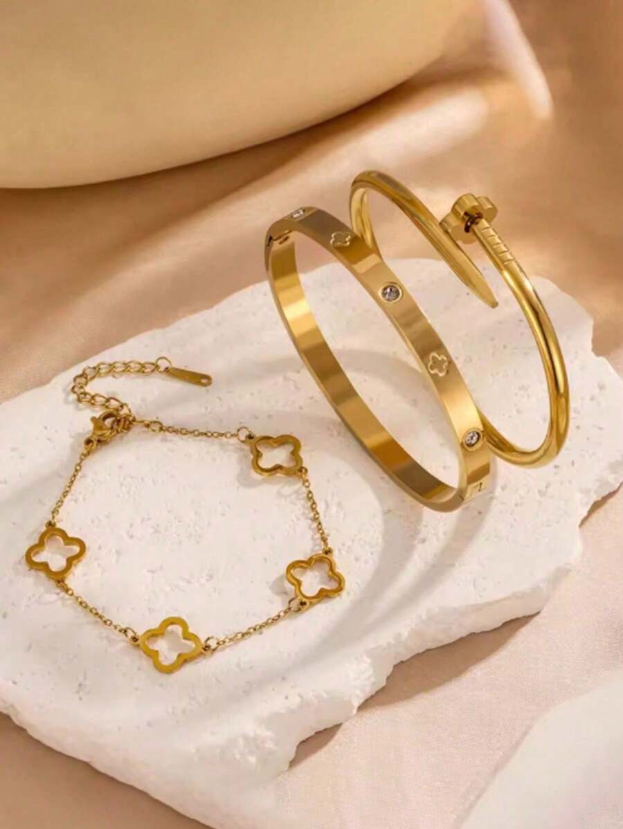 1 Set Stainless Steel European & American Fashion Minimalist Versatile Elegant Creative Hollow Flower Bracelet 3-Piece Set, Suitable As Gift For Women, Everyday Wear