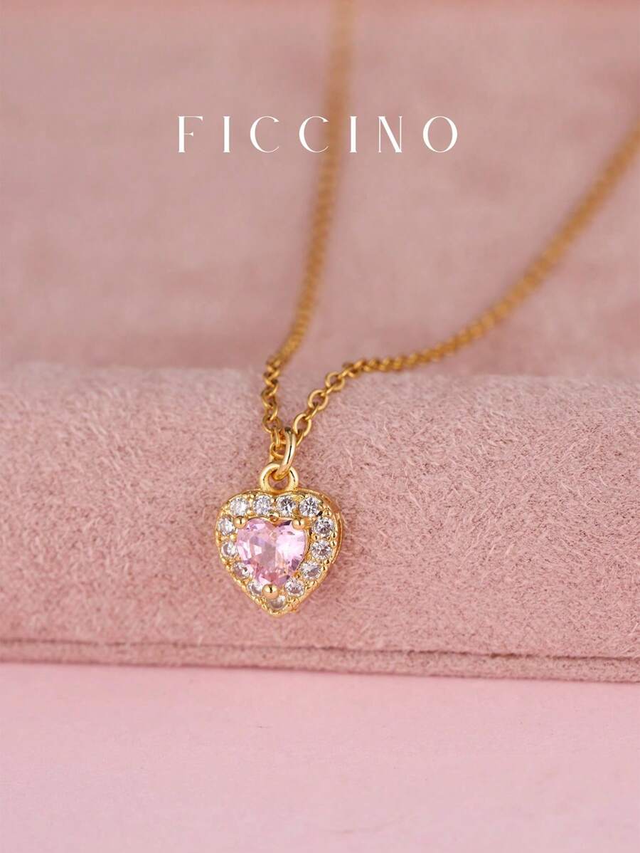 FICCINO Zierliches rosa herzförmiges Cubic Zirconia Anhänger Halskette, vergoldete Titan-Stahl O-Kette, niedliches & süßes Geschenk für Mädchen, Freundinnen