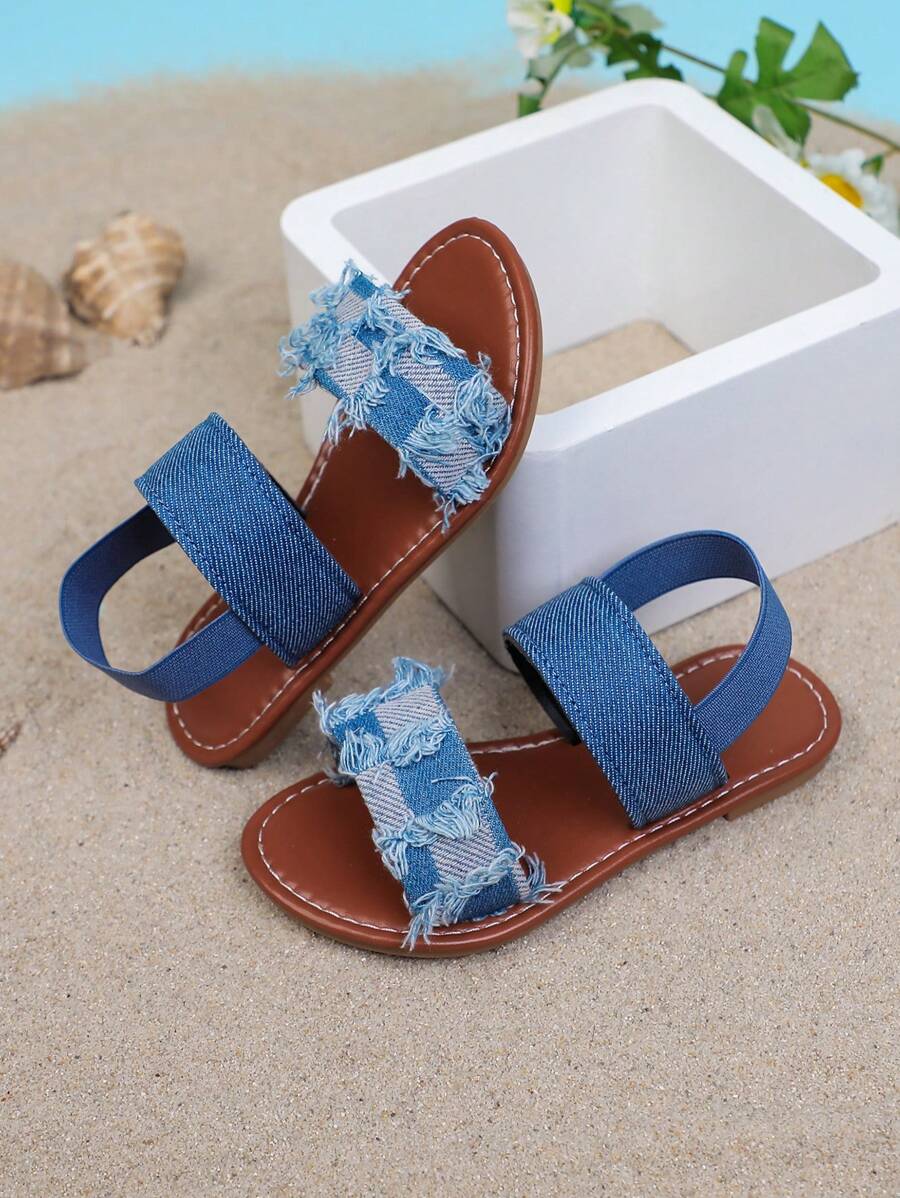 1 Pair New Style Children's Fashion Flat Sandals, Canvas Elastic Strap Design, & Versatile, Suitable For Girls Outdoor, Casual, Beach Wear