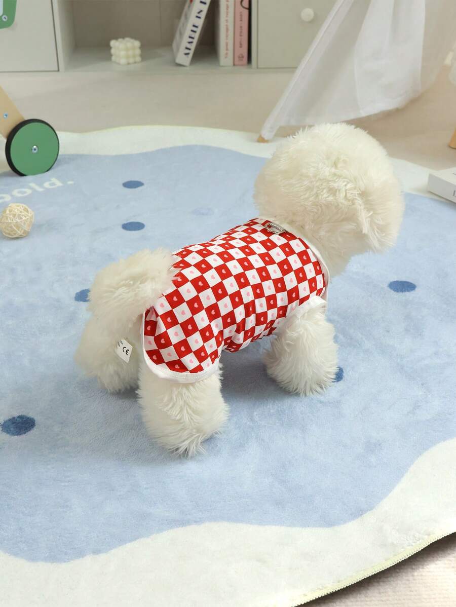 1 pieza Camiseta para perros pequeños de dos tonos con estampado de corazón a cuadros, diseño de anilla para correa, ligera y adecuada para el verano