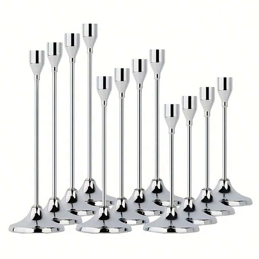 6/12pcs Silver Cone Shaped Detachable Candle Holders, Tabletop Decor, Candlelight Dinner Photo Props, Wedding Anniversary Ceremony, Home Decoration, Birthday Gifts, Suitable For Dining Table, Wedding, Catering, Party (Candles Not Included)