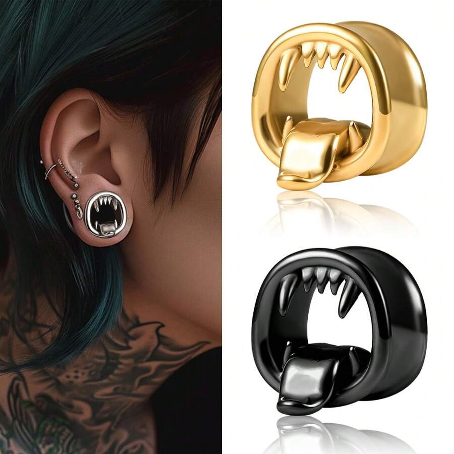 2PCS Hot 316 Stainless Steel Halloween Monster Tongue Ear Tunnels Ear Gauges Tunnels Plugs Stretcher Expander Piercing Body Jewelry Women