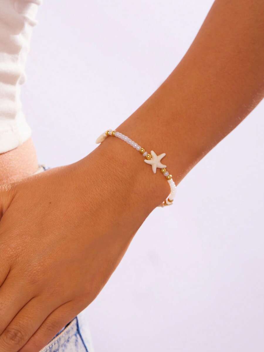 1 pieza Pulsera de cuentas de semilla en estilo playero blanco con estrella de mar, adecuada como accesorio diario de mujer, para vacaciones, citas, regalos, días festivos, fiestas, compras