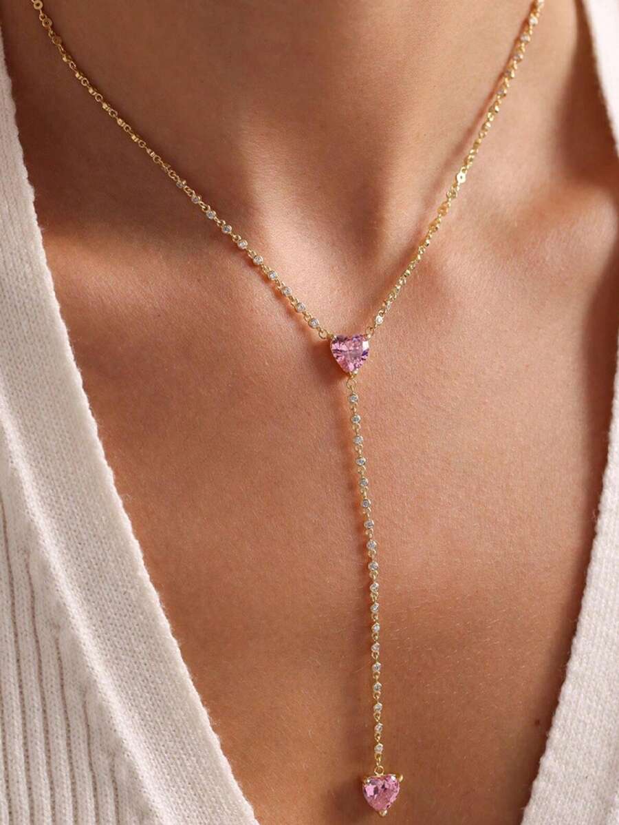 1 pieza Elegante collar gargantilla de moda europea y americana con colgante de corazón doble y decoración con borla
